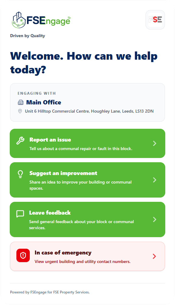 The live FSEngage resident reporting interface showing a structured building issue journey