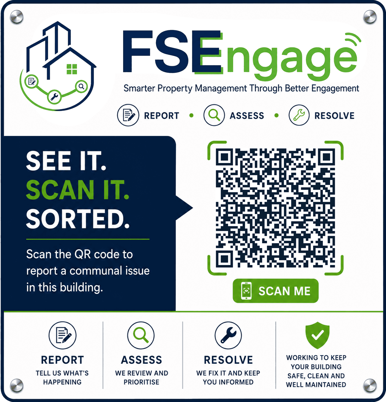 An FSEngage QR reporting sign installed on a communal building wall